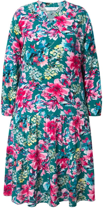 MIAMODA - Dames - midi-jurk bloemenpatrooen dubbele zoomvolant - Amazonesteen - Maat 50