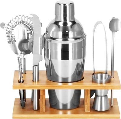 Springos Cocktail Set | 8-Delige Cocktail Shaker Set | Inclusief Bamboe Standaard & Cadeauverpakking | RVS | Zilverkleurig