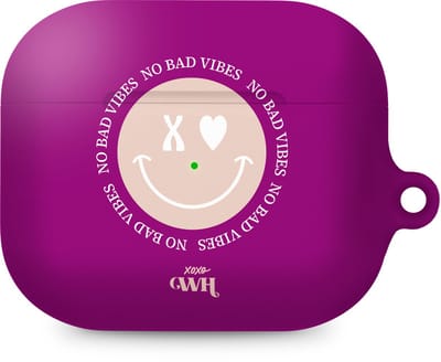 xoxo Wildhearts hoesje geschikt voor Airpods Pro 1 / Pro 2 - No Bad Vibes - Ook als telefoonhoesje verkrijgbaar - schokbestendige case geschikt voor Airpod Pro (2) - koptelefoon case - Hoesje met smiley face - emoji - paars