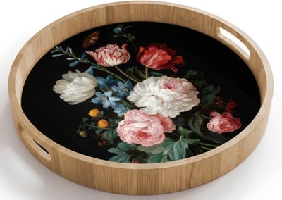 Dienblad rond 40x40 cm - Schootdienblad hout - Boeket - Kleurrijk - Klassiek - Borrelplank rechthoek - Plateau houten dienbladen