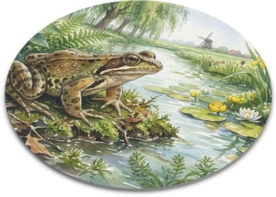 "Aquarel Series" Muismat Bruine Kikker bij de Sloot – Hollands Landschap met Waterlelies & Molen – Persoonlijk Cadeau voor haar: Vrouw, Vriendin & Collega – Groene Natuurprint voor Computer & Laptop – Artistieke Ronde Bureau Mat