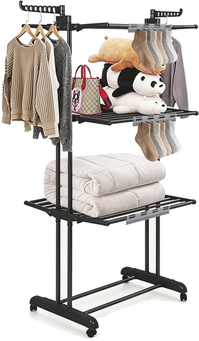 PIPIPOXER- Wasrek Inklapbaar-Droogrek-Staand Droogrek Inklapbaar-Met 3 sokkenclips-Wastoren-Ruimtebesparend Wasrek -75x49x170 CM-Ecologisch Was Drogen-Zwart