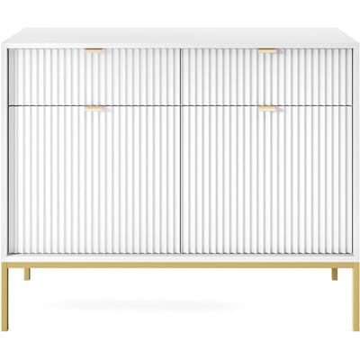 Selsey Vellore - tweedeurs ladekast 104 cm - wit met gecanneleerde fronten en goudkleurige omlijsting