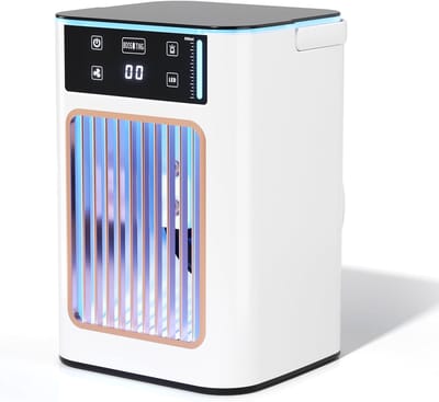Draagbare persoonlijke verdampingskoeler voor op het bureau,dubbele verneveling, watertank van 900 ml, 4 snelheden, nachtlampje met 7 kleuren, USB-miniventilator voor slaapkamer, kantoor, studentenkamer, camper en binnenshuis gebruik.