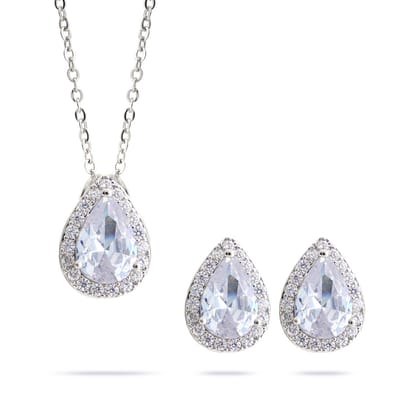 Juwelium Druppel Ketting en Oorbellen Set Verstelbaar 40 tot 45 cm met Aqua Blauw Zirkonia Kristallen in Luxe Sieradendoos met Rozen en Rozenbeer van 25 cm in Cadeauverpakking – Perfect Cadeau voor Vrouw, Vriendin, Moeder, Dochter