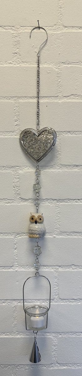 Deco theelichthouder "Hart"met metalen ketting - Opengewerkt hart + Keramieke uil - Zilveren ketting + wit/grijze uil - lengte 85 cm - exclusief theelicht - Woondecoratie - Theelichthouder - Woonaccessoires
