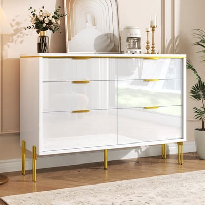 DESMIU Dressoir - Modern Opbergmeubel Met 6 Laden En Hoogglans Fronten - Voor Woonkamer Eetkamer En Hal - Spaanplaat - 120x40x85,5 Cm - Wit