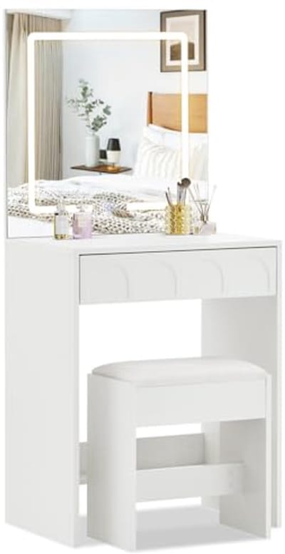 Moderne kaptafel met LED-spiegel en touchscreen, compacte make-uptafel voor kleine ruimtes