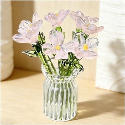 Glazen Bloem Boeket - Mini Bloemen - Bureau Decoratie - Handgemaakt Ontwerp - 7 Stuks + Vaas - Multicolor