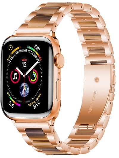 RVS bandje met keramiek - geschikt voor Apple Watch 1/2/3/4/5/6/7/8/9/10/11/ SE (1,2,3) met maat 38 mm / 40 mm / 41 mm en 42 mm (Watch 10/11) - stalen band met vlindersluiting - rosegoud bruin