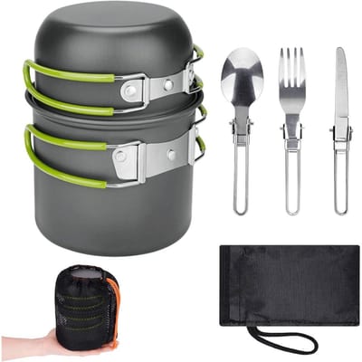 GELLDG Servies Sets - Camping Kochgeschirr Set - Outdoor Kookset met Opvouwbaar Bestek - 12.2x10.5cm - Geschikt voor Wandelen Vissen Picknick - Metaal - Compleet Servies voor 2 Personen
