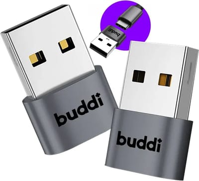 Buddi Ease Duo Pack | USB-C naar USB-A Adapter | OTG | Verloop | Converter | Koppelstuk | Tussenstuk | 480 Mbps gegevensoverdracht | 12W Opladen | Werkt ook met Apple CarPlay & Android Auto | Grijs