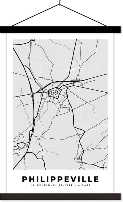 Posterhanger incl. Poster 40x60 cm - Schoolplaat - Kaart – Plattegrond – Stadskaart – Philippeville – België – Zwart Wit - Textielposter - Zwarte latten - Stadskaart