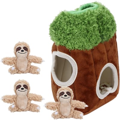Luiaard Koffer Gaten Speelgoed voor Hond Piepend Pluche Speelgoed Verstoppertje Spelletjes Interactief beige