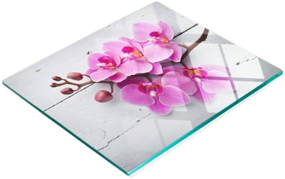 Decoratieve snijplank van gehard glas met orchideemotief op hout, 60x52 cm