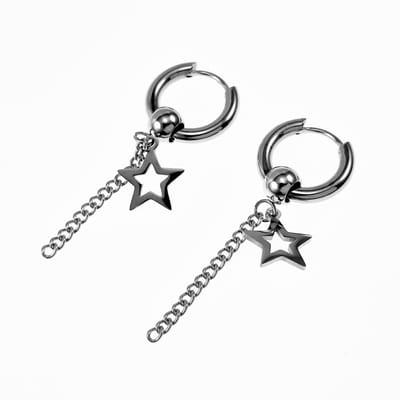 ∅15mm Oorringen Unisex - Stalen Zilverkleur - Oorbellen met Ketting een Sterhanger
