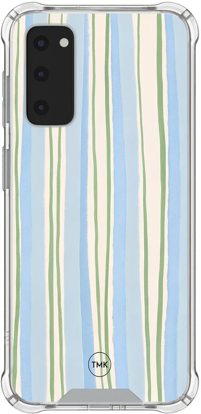 Shockproof hoesje geschikt voor Samsung Galaxy S20 FE - Pastelblauwe strepen - Schokbestendig - Verhoogde randen - TPU case - Extra Sterke Back Cover - Gestreept - Transparant, Blauw