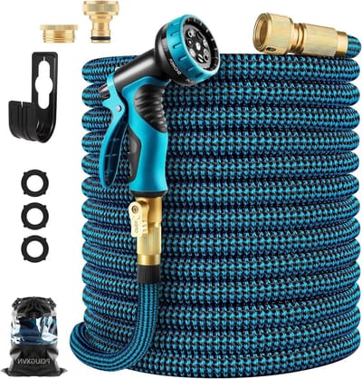 Tuinslang Flexibele uitbreidbare waterslang-10 sproeistanden-messing sproei-adapter-ophanglus-irrigatie tuinieren-intrekbare slang-zware belasting-4-laagse latexkern-75 m blauw
