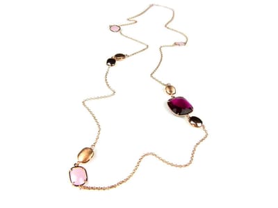Zilveren halsketting collier halssnoer roos goud verguld Model Square gezet met rode en roze stenen