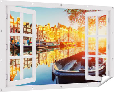 Gards Tuinposter Doorkijk Amsterdamse Brug - Gracht - met Bloemen - 180x120 cm - Tuindoek - Tuindecoratie - Wanddecoratie buiten - Tuinschilderij