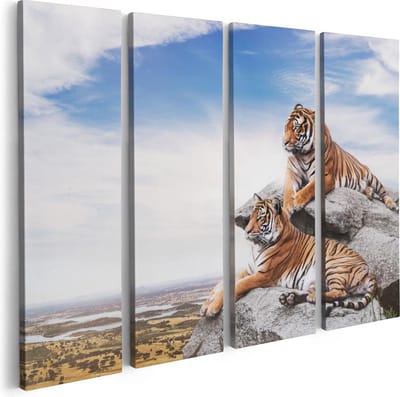 Artaza Canvas Schilderij Vierluik Twee Tijgers Op Rotsen Met Het Blauwe Lucht - 80x60 - Foto Op Canvas - Canvas Print