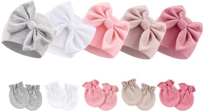 Dailygoods- Baby Muts - Schattige Grote Strik - Baby Handschoenen - Katoen - Ademend - Geschikt voor 0-6 maanden - Babymuts