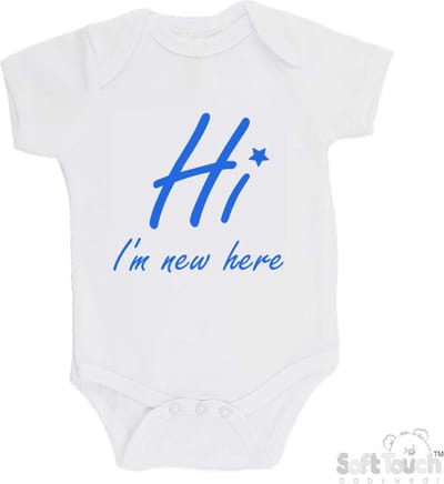 100% katoenen Romper "Hi I'm new here" Met Een Sterretje Jongens Katoen Wit/blauw Maat 56/62