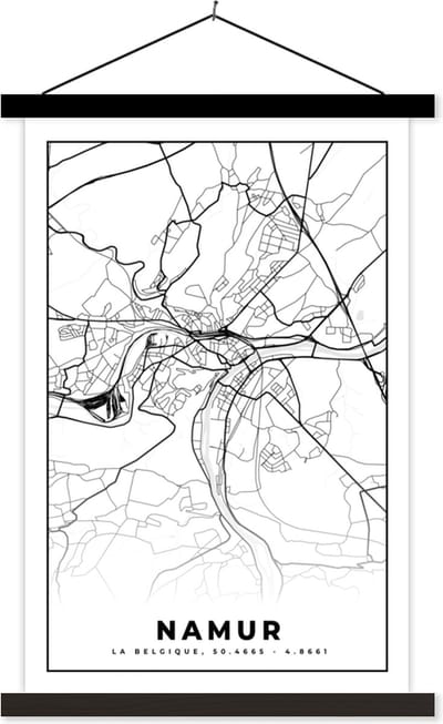 Posterhanger incl. Poster 40x60 cm - Schoolplaat - België – Namur – Stadskaart – Kaart – Zwart Wit – Plattegrond - Textielposter - Zwarte latten - Stadskaart