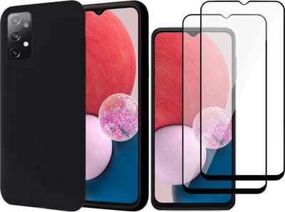 Hoesje geschikt voor Samsung Galaxy A13 4G - Matte Back Cover Microvezel Siliconen Case Hoes Zwart - 2x Full Tempered Glass Screenprotector