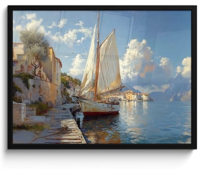 Poster in lijst - Fotolijst 70x50 cm - Posters - Zeilschip - Huizen - Kade - Zee - Posterlijst zwart - Decoratie - Wanddecoratie woonkamer - Muurdecoratie slaapkamer