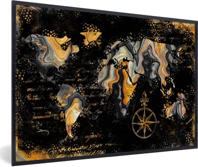 Poster in lijst - Fotolijst 90x60 cm - Posters - Wereldkaart - Marmer - Goud - Posterlijst zwart - Decoratie - Wanddecoratie woonkamer - Muurdecoratie slaapkamer