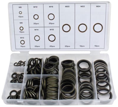 150 delige metalen en rubberen afsluitringen - metaal met rubber - afdichtingsringen - sluitringen - bonded seals