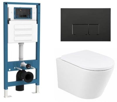 QeramiQ Dely Toiletset - inbouwreservoir Qeramiq Flush - 35mm zitting - kunststof mat zwarte bedieningsplaat - rechthoekige knoppen - mat wit