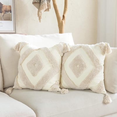 Kussenhoes Set - Decoratieve Kussens - Woonkamer Decoratie - Handgeknoopte Franjes - 45x45 cm - Ivoor