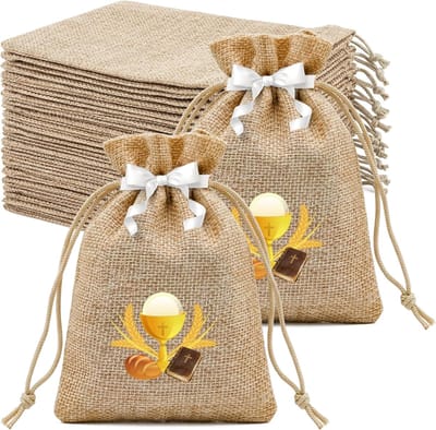 24 stuks jute zakjes voor doop en communie met motief (kruis, aren) + 1 rol - jute zakje klein 10 x 14 cm met trekkoord - doopzak cadeauzakje voor dragees, snoep, geschenken voor gasten
