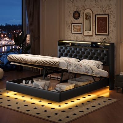 Zwevend Tweepersoonsbed 140x200 cm – PU-Lederen Bed met Hoofdbordopslag, LED-lichtstrips, USB & Type-C Oplaadpunten, Zacht Gestoffeerd Hoofdbord – Modern Opbergbed