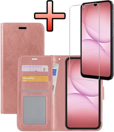 Hoesje - Met Screenprotector - Geschikt voor Samsung Galaxy A17 - Luxe Pasjeshouder - Bookcase Portemonee - Flip Case - Kunstleer Book Case - Flipcase - Book Cover - Walletcase - Portemonneehoes - Rosé goud