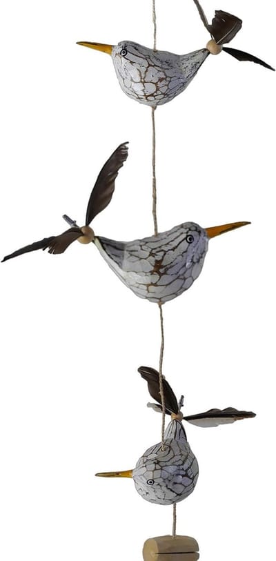 Meeuwen-windspel veer - Dierenmobiel buiten - Tuindecoratie buiten - Handgesneden hout - 90 cm lengte - Meerkleurig