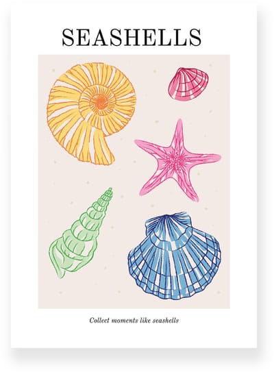 Poster 20x30 cm - Seashells - Strand - Roze - Blauw - Minimalistisch - Boho - Muurdecoratie - Wanddecoratie