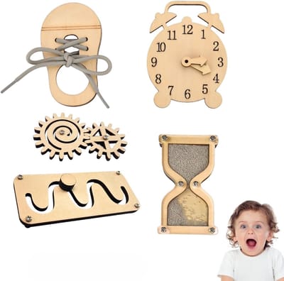 Solidchoice- Busy Board 5-delige set - Sensorisch Speelgoed - Montessori Educatief - Houten Onderdelen - Doolhof/Tandwiel - Leerklok/Zandloper - Sensory Board