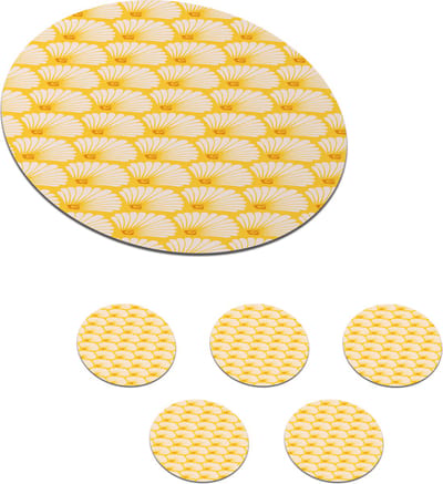 Onderzetters voor glazen - Rond - Art Deco - Design - Schelp - Geel - 10x10 cm - Glasonderzetters - 6 stuks