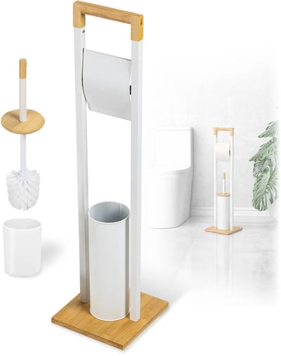 KADAX toiletrolhouder met geïntegreerde wc-borstel, staande toiletrolhouder met wc-borstel voor de badkamer, wc-set van staal en bamboe (wit)