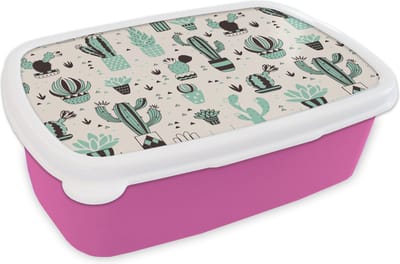 Broodtrommel Roze - Lunchbox - Brooddoos - Patroon - Cactus - Pot - 18x12x6 cm - Kinderen - Meisje