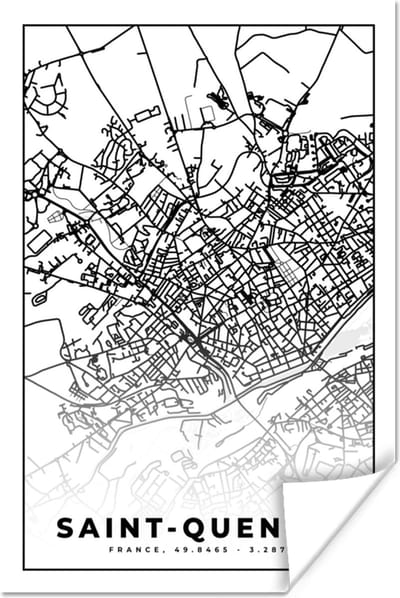 Poster Stadskaart - Saint-Quentin - Plattegrond - Kaart - Frankrijk - Zwart wit - 120x180 cm XXL