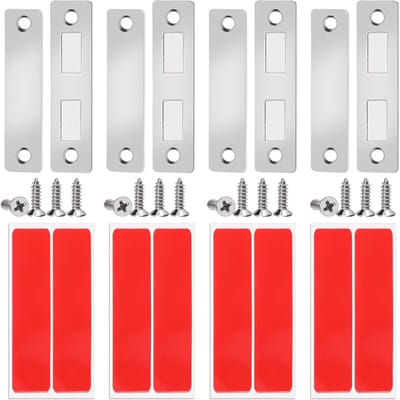 Set van 4 zilveren roestvrijstalen dubbele magnetische sluitingen voor keukenkastjes, zelfklevend en ultra-dun, ideaal voor het sluiten van kastdeuren en opbergen van spullen