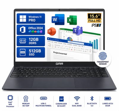 Office Laptop 15.6 Inch Full HD IPS - Intel N95 - 12GB DDR5 RAM - 512GB SSD - Windows 11 Pro - Microsoft Office 2024 - GMR Notebook voor Studie, School, Office, Internet, E-mail, Thuiswerken en Zakelijk Gebruik