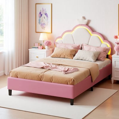 Kids bed 90x200cm, LED Gestoffeerd met verstelbaar hoofdeinde, roze prinsessenbed, tienerbed, fluweel, zonder matras