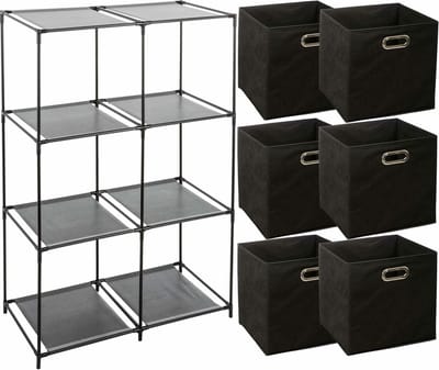 5Five Kastmandjes / opberg manden - zwart - 6x stuks - van 29L - Metalen rekje is 68 x 98 cm