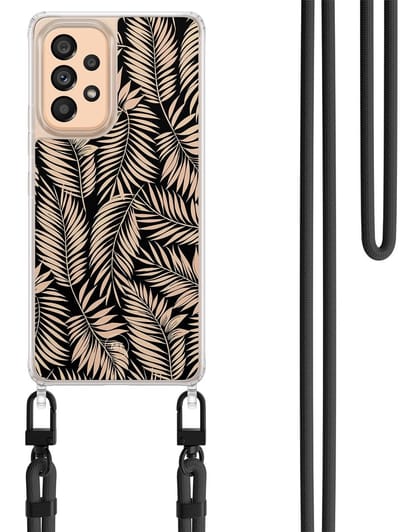 Hoesje met koord geschikt voor Samsung Galaxy A52 5G - Palm silhouette - Inclusief Zwart koord - Crossbody beschermhoes - Transparant, Zwart, Beige - Mooie Telefoonhoesjes