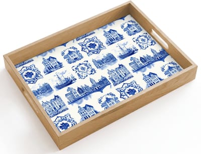 Dienblad hout 40x30 cm - Schootdienblad - Huizen - Schepen - Blauw - Borrelplank rechthoek - Plateau dienbladen